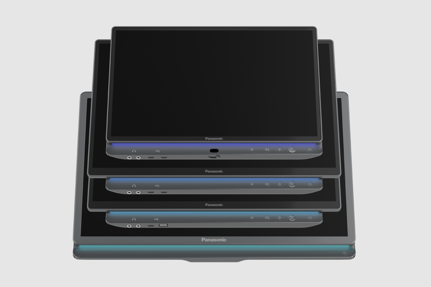 A stack of five Panasonic tablets in decreasing size from bottom to top