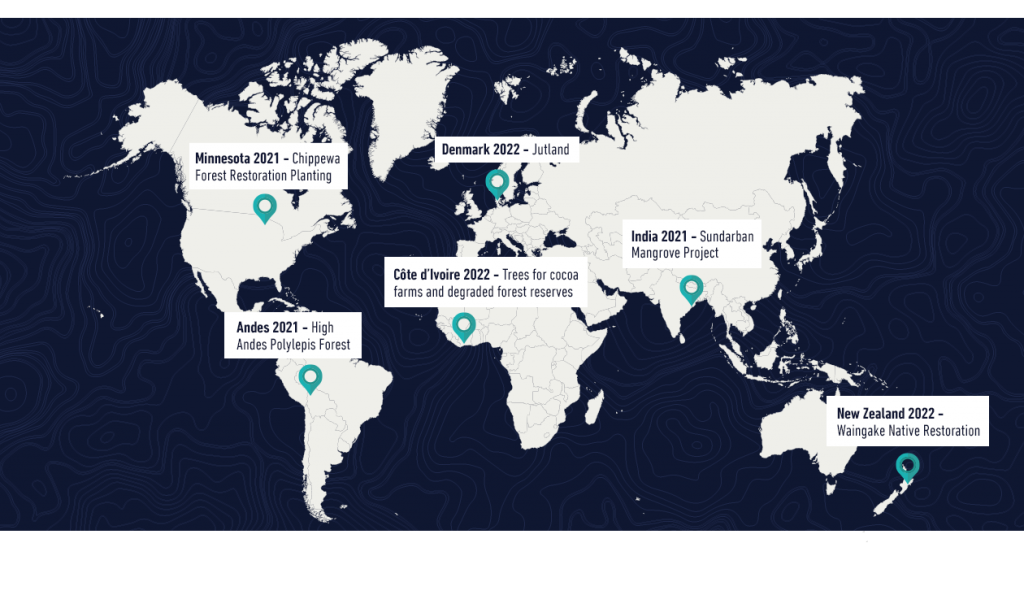 World map indicating restoration project locations in Minnesota, Andes, Denmark, Côte d'Ivoire, India, and New Zealand