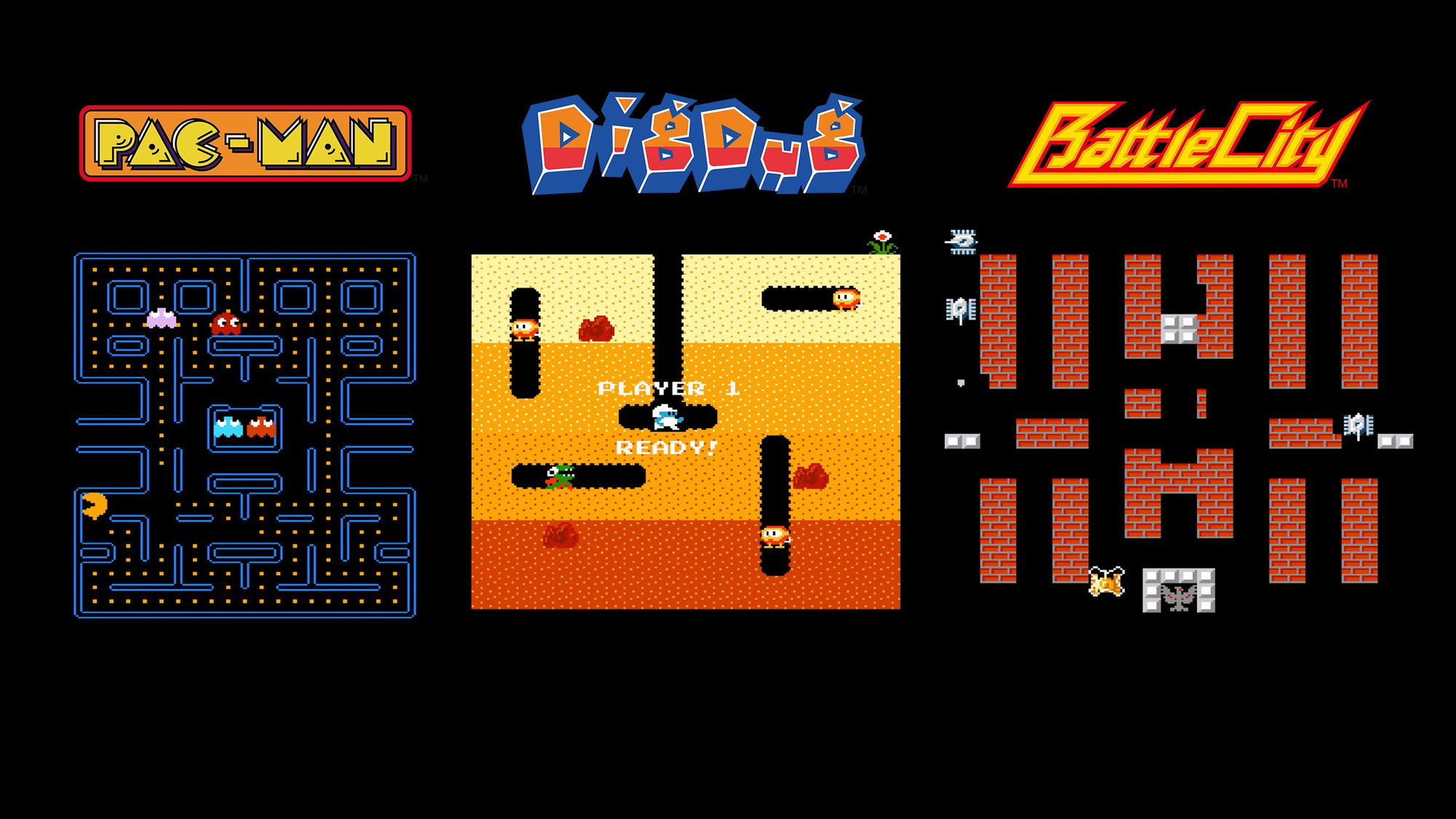 Title screens and gameplay screenshots of "Pac-Man," "Dig Dug," and "Battle City."